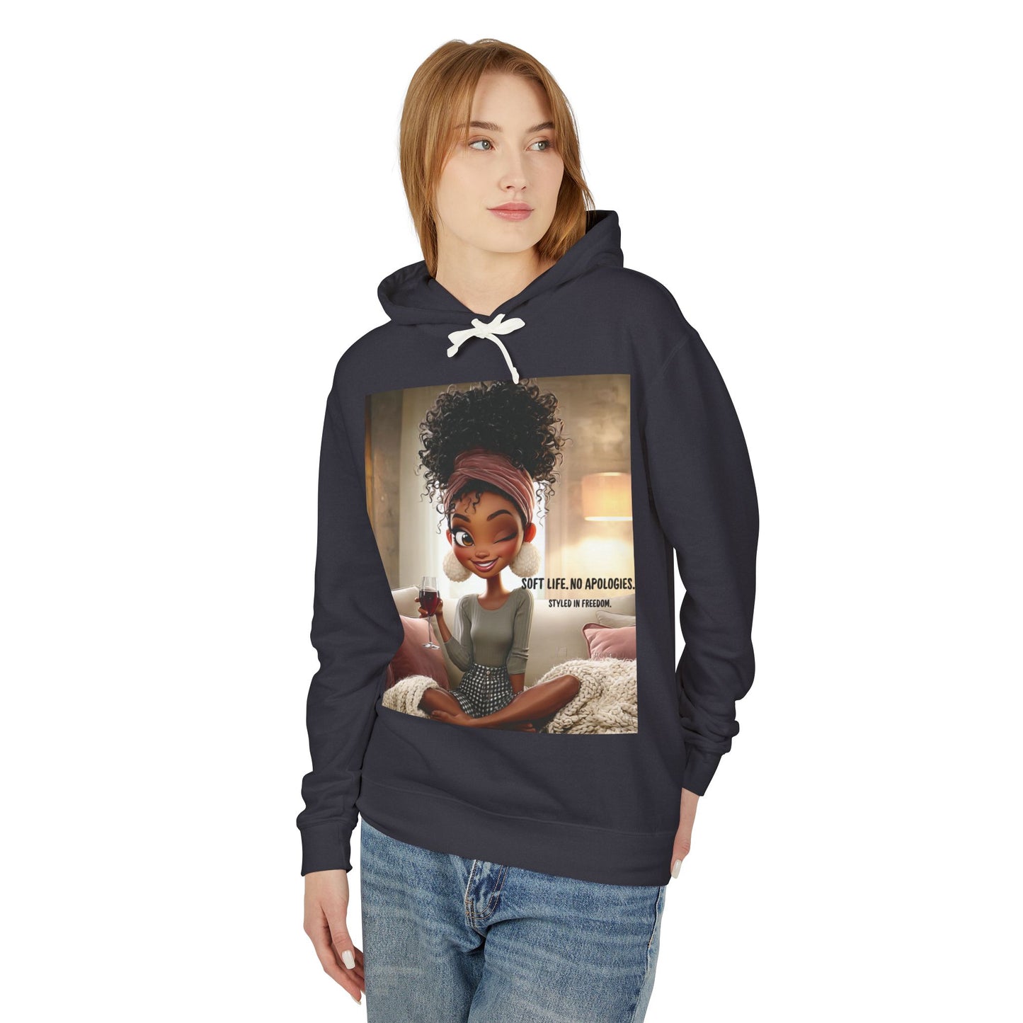 “Soft Life, No Apologies.” Hoodie — Cute Relaxing Cartoon Sweatshirt