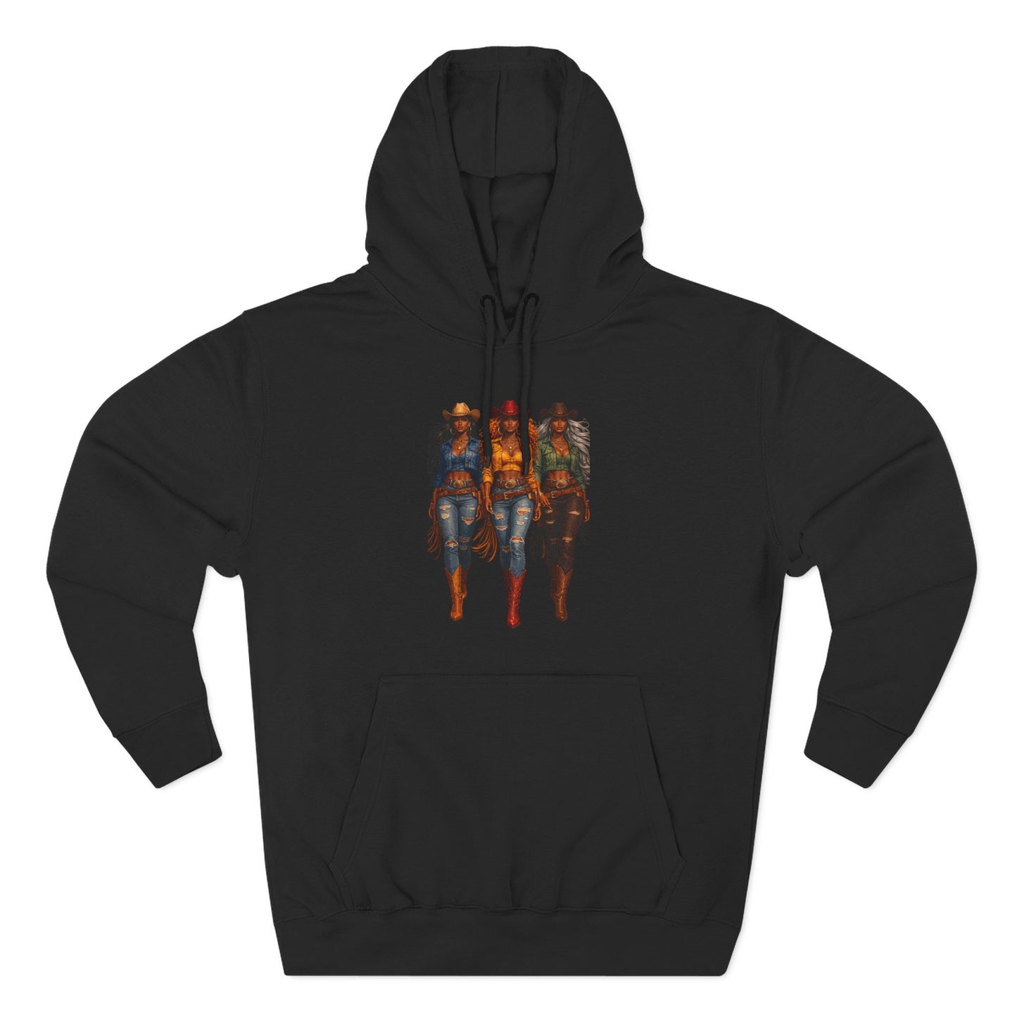 Three Riders Graphic Hoodie — “Yeehaw & Unbothered”, Fantasy Horsewomen Fleece Pullover