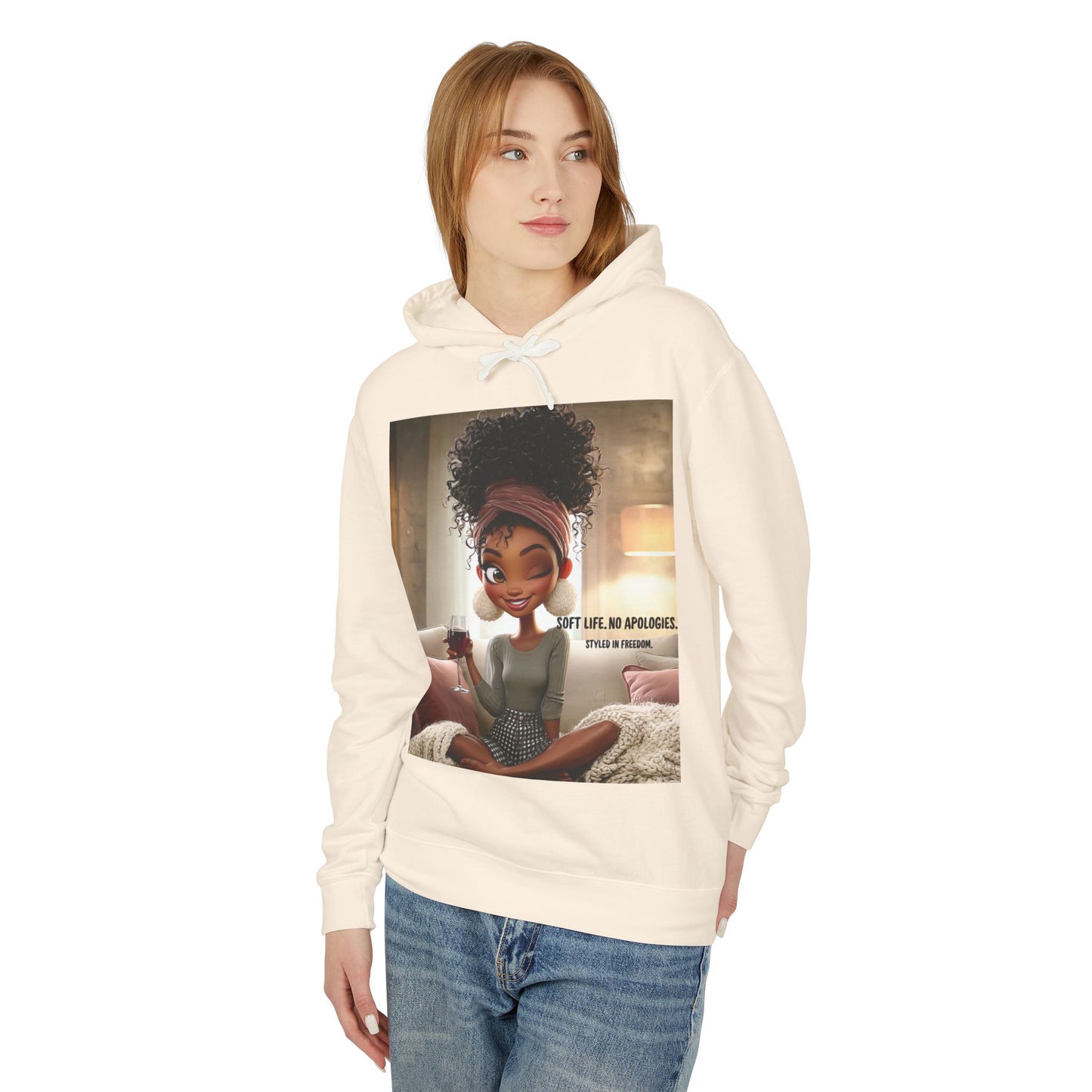 “Soft Life, No Apologies.” Hoodie — Cute Relaxing Cartoon Sweatshirt