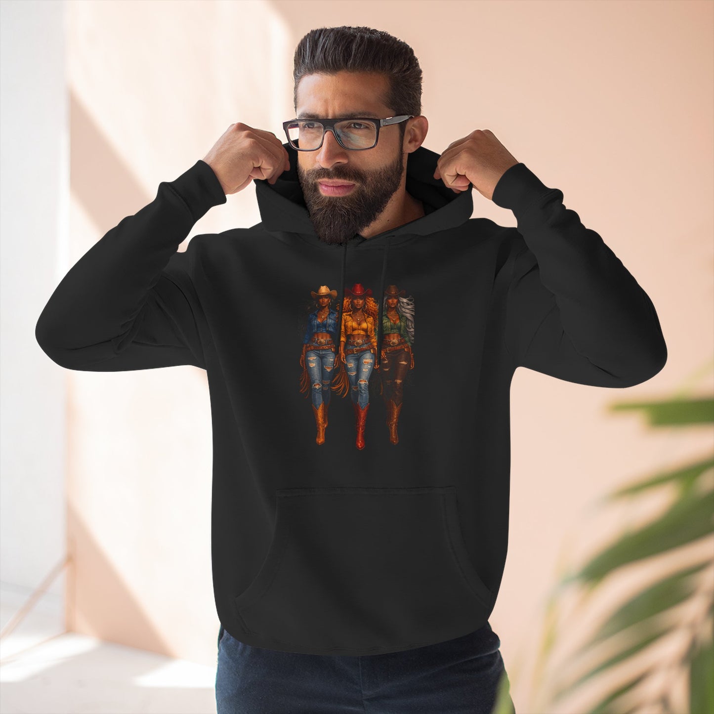 Three Riders Graphic Hoodie — “Yeehaw & Unbothered”, Fantasy Horsewomen Fleece Pullover