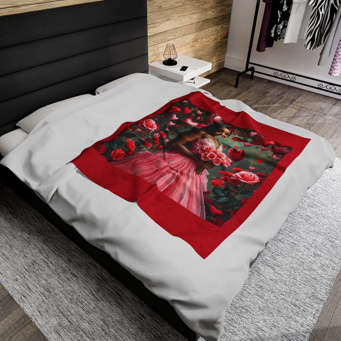 Romantic Velveteen Plush Blanket with Floral Hearts Design