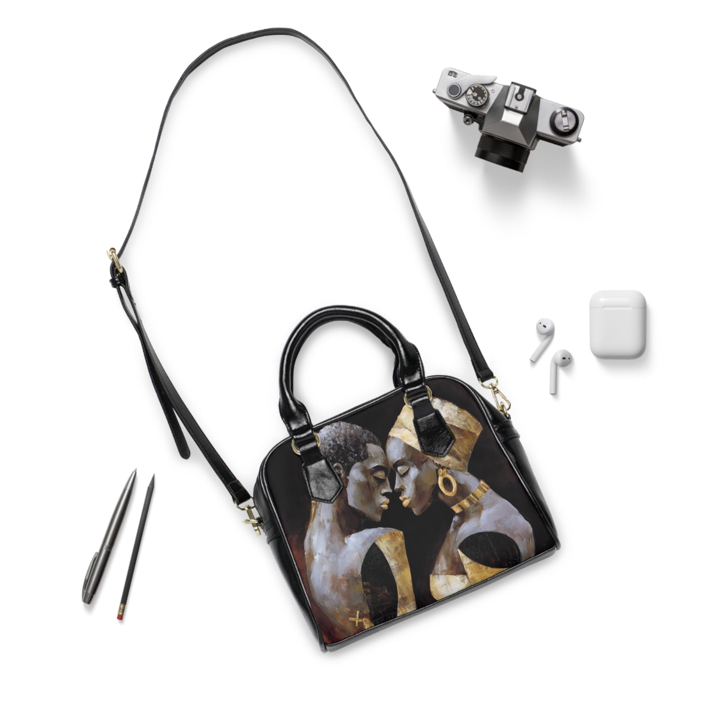Elegant Art-Inspired Shoulder Handbag – Abstract Afrocentric Couple, Couples Embrace Design