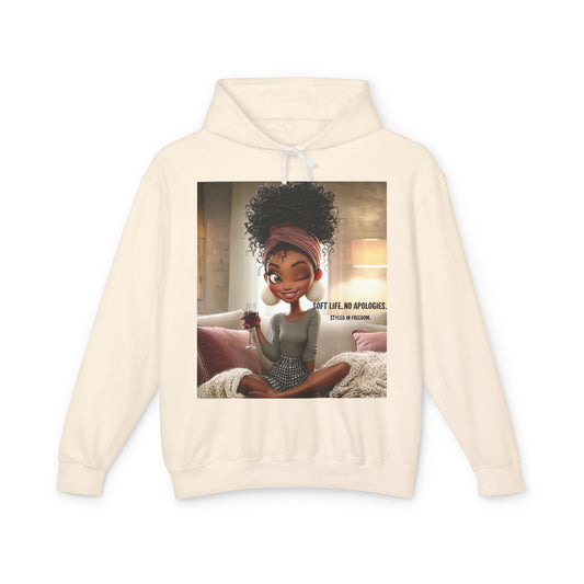 “Soft Life, No Apologies.” Hoodie — Cute Relaxing Cartoon Sweatshirt