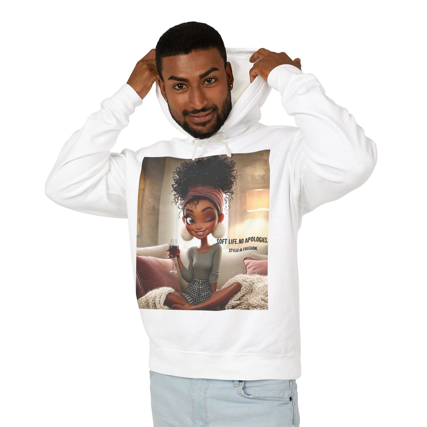 “Soft Life, No Apologies.” Hoodie — Cute Relaxing Cartoon Sweatshirt