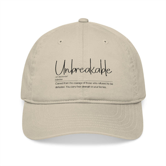 Unbreakable Organic Baseball Cap, Soft Adjustable Hat, Gift for Friends, Casual Everyday Wear, Inspirational Apparel