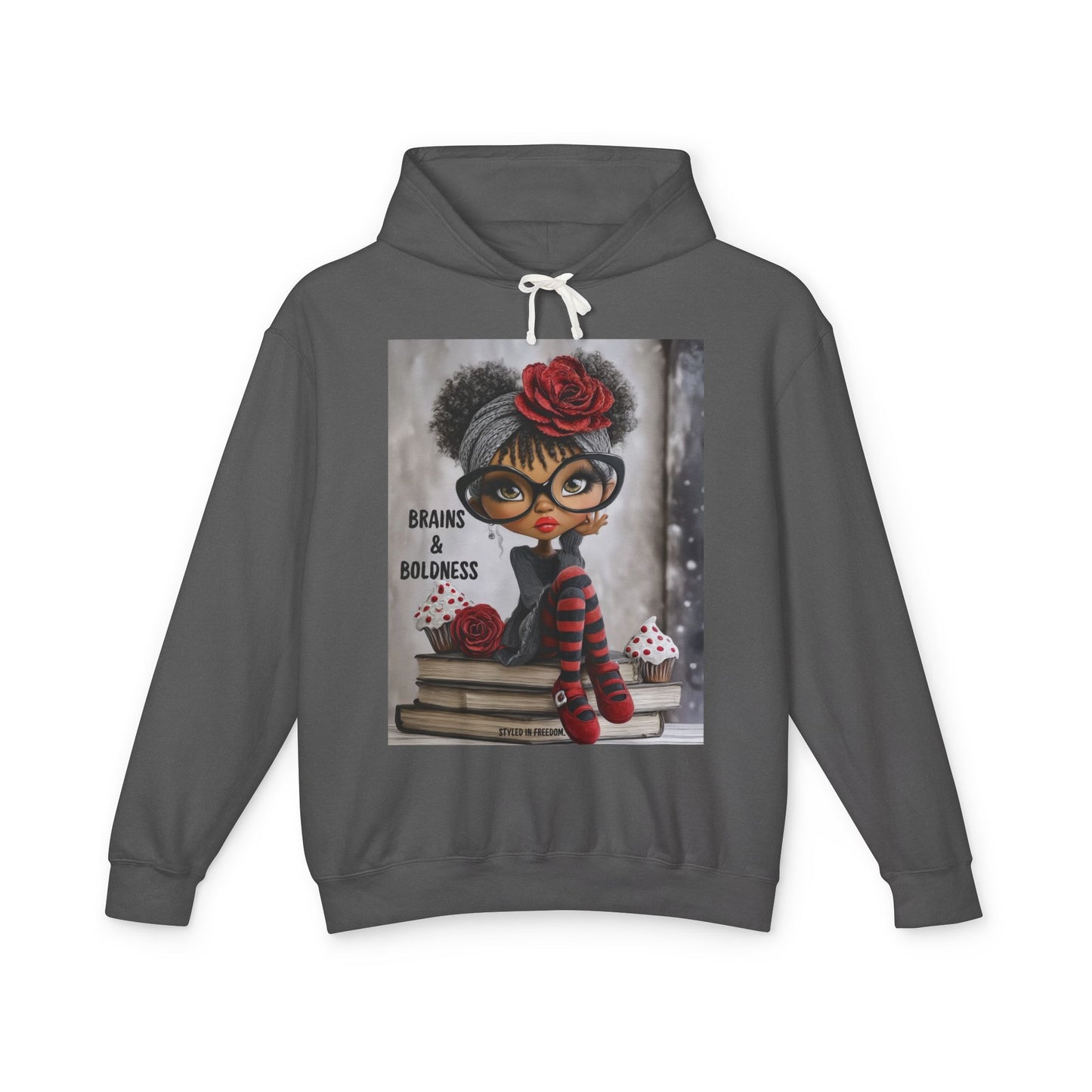 LIMITED EDITION | Brains & Boldness Chic Scholar Doll — Retro Glasses, Red Rose & Striped Socks Graphic Hoodie