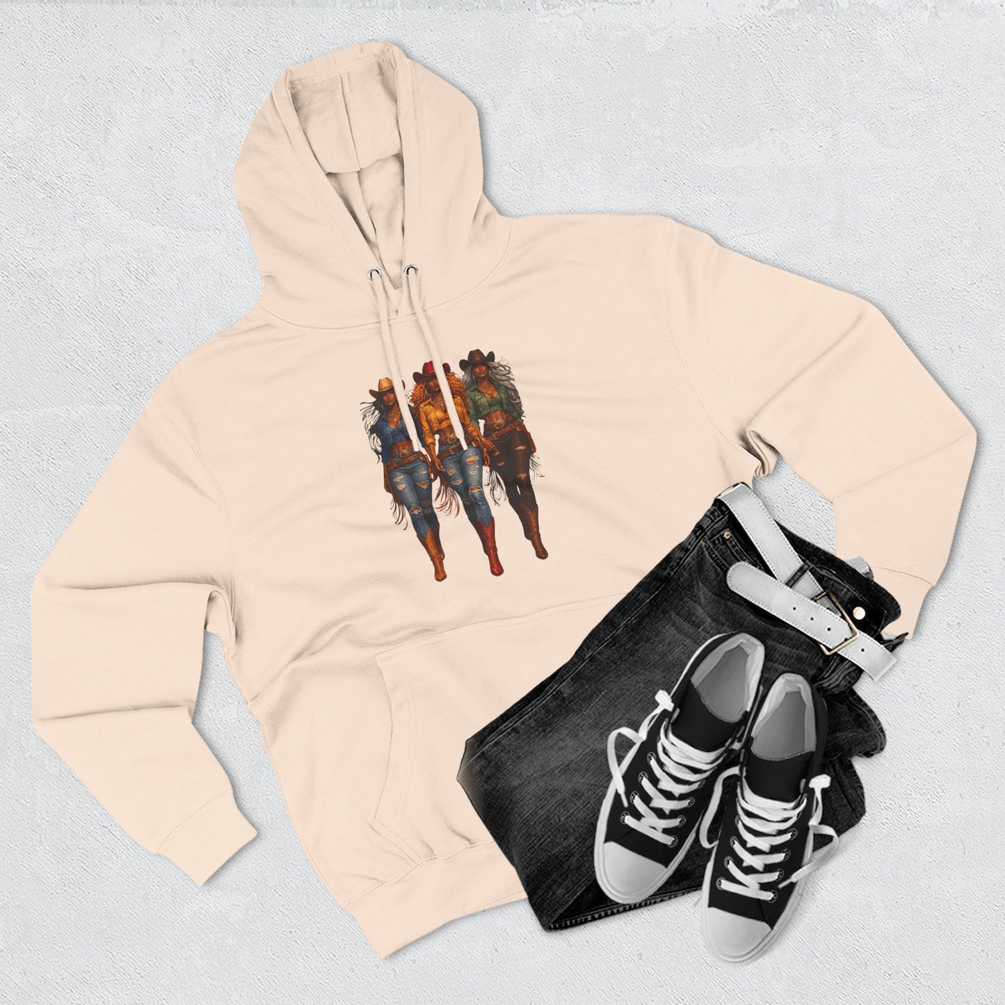 Three Riders Graphic Hoodie — “Yeehaw & Unbothered”, Fantasy Horsewomen Fleece Pullover