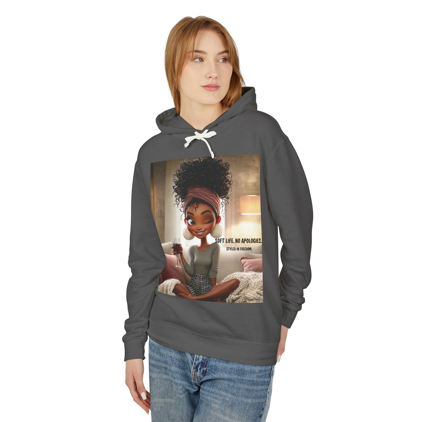 “Soft Life, No Apologies.” Hoodie — Cute Relaxing Cartoon Sweatshirt