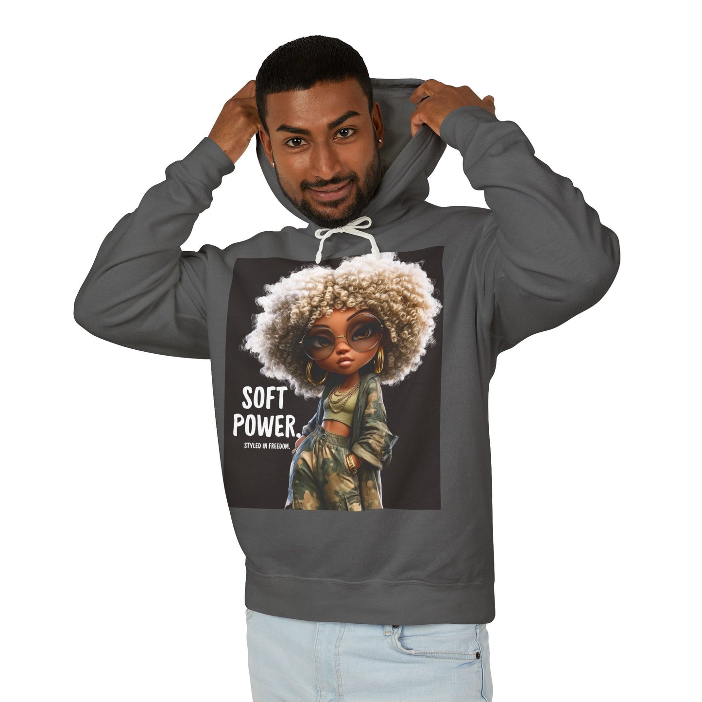 LIMITED EDITION | Camo Cool-girl Presence Doll Hoodie — Cute Curly Hair Art Pullover