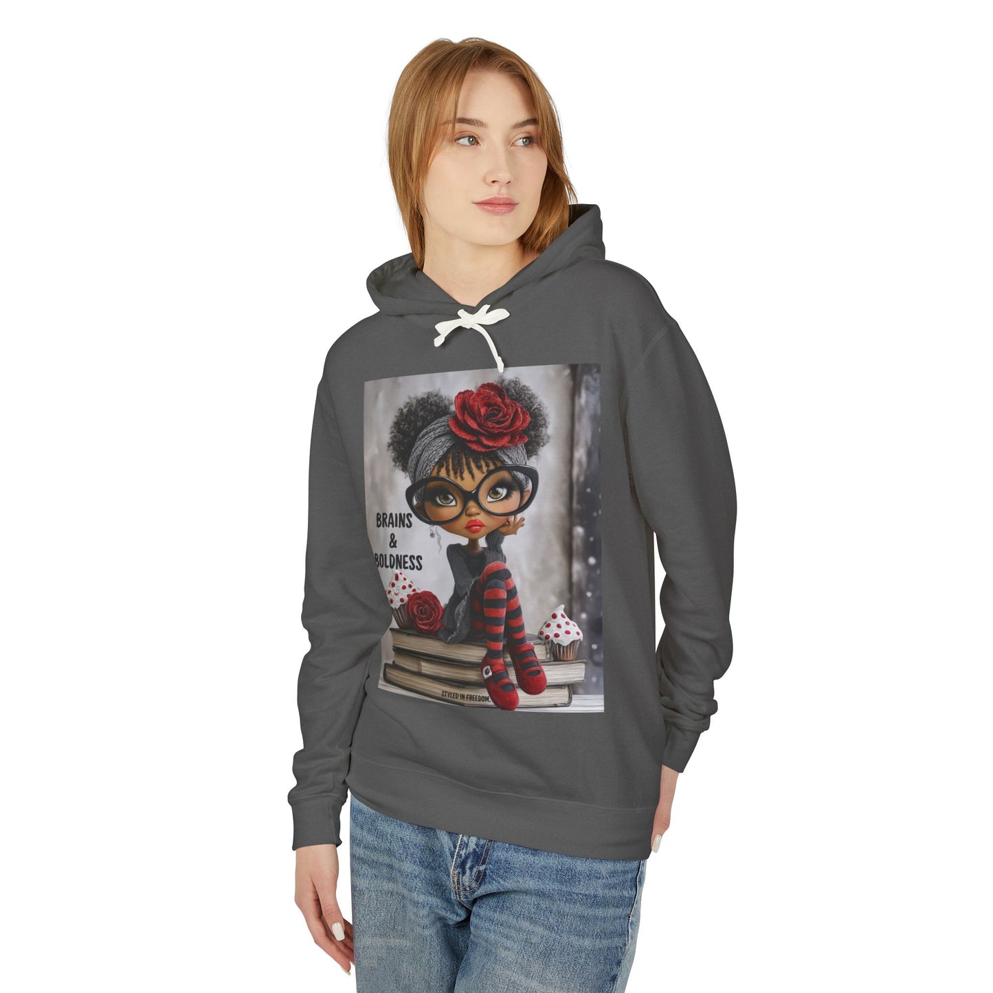LIMITED EDITION | Brains & Boldness Chic Scholar Doll — Retro Glasses, Red Rose & Striped Socks Graphic Hoodie