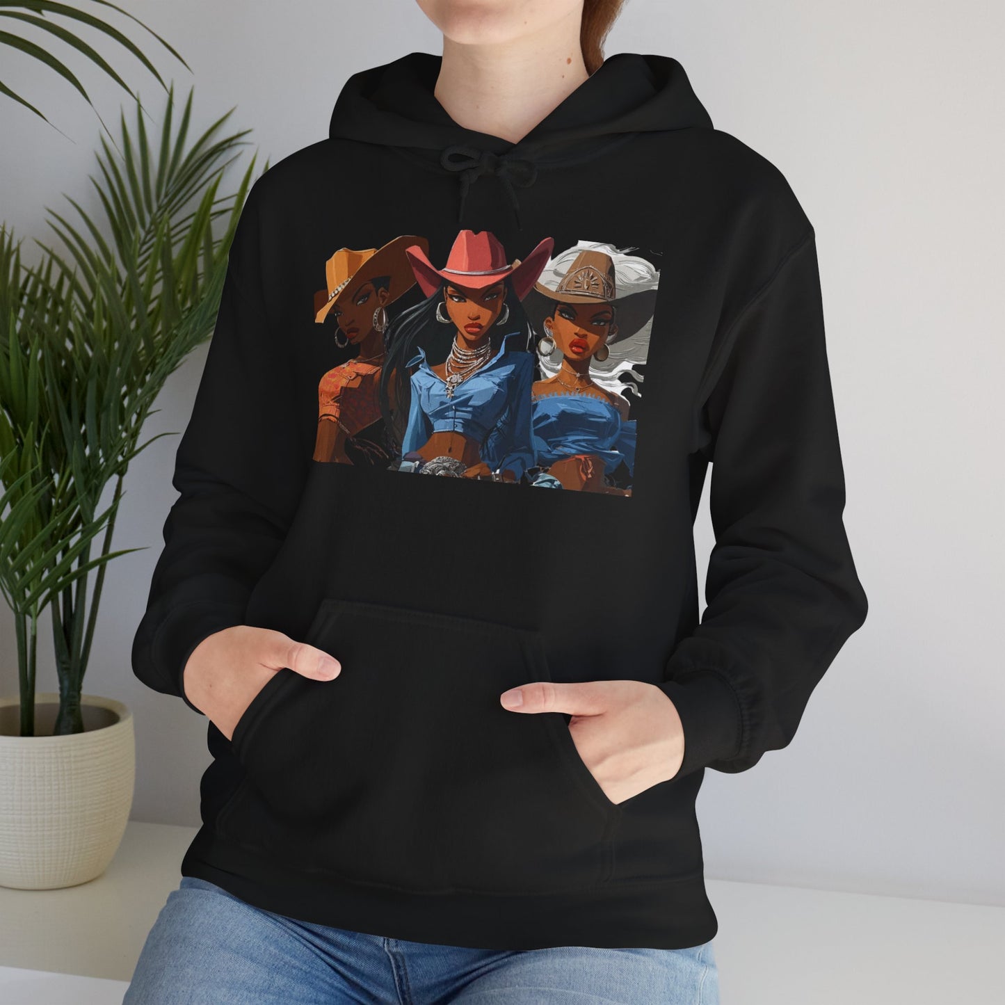 “Yeehaw & Unbothered” Trio Hoodie — Retro Western Cowgirl Graphic Sweatshirt