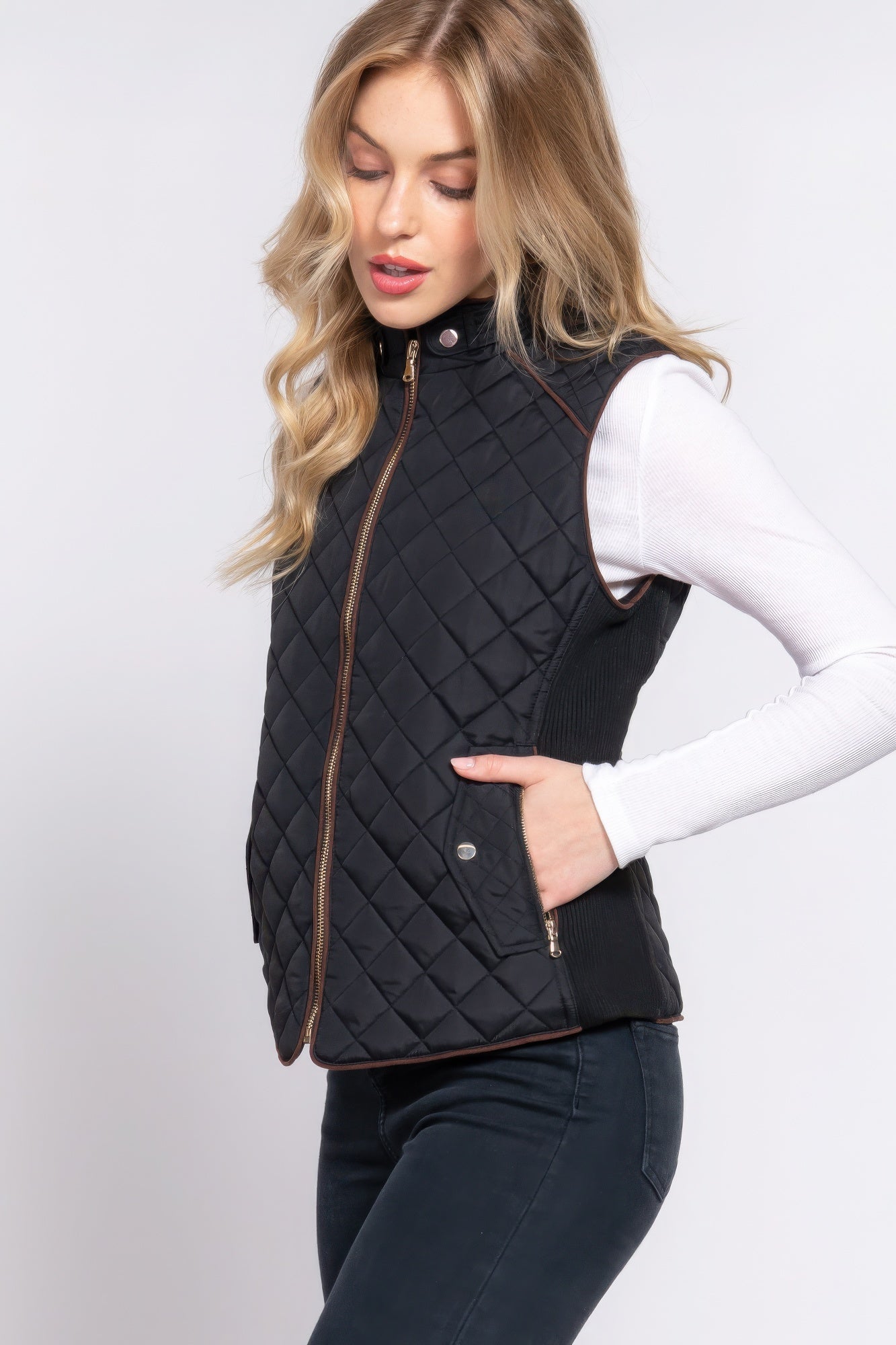 Suede Piping Quilted Padding Vest