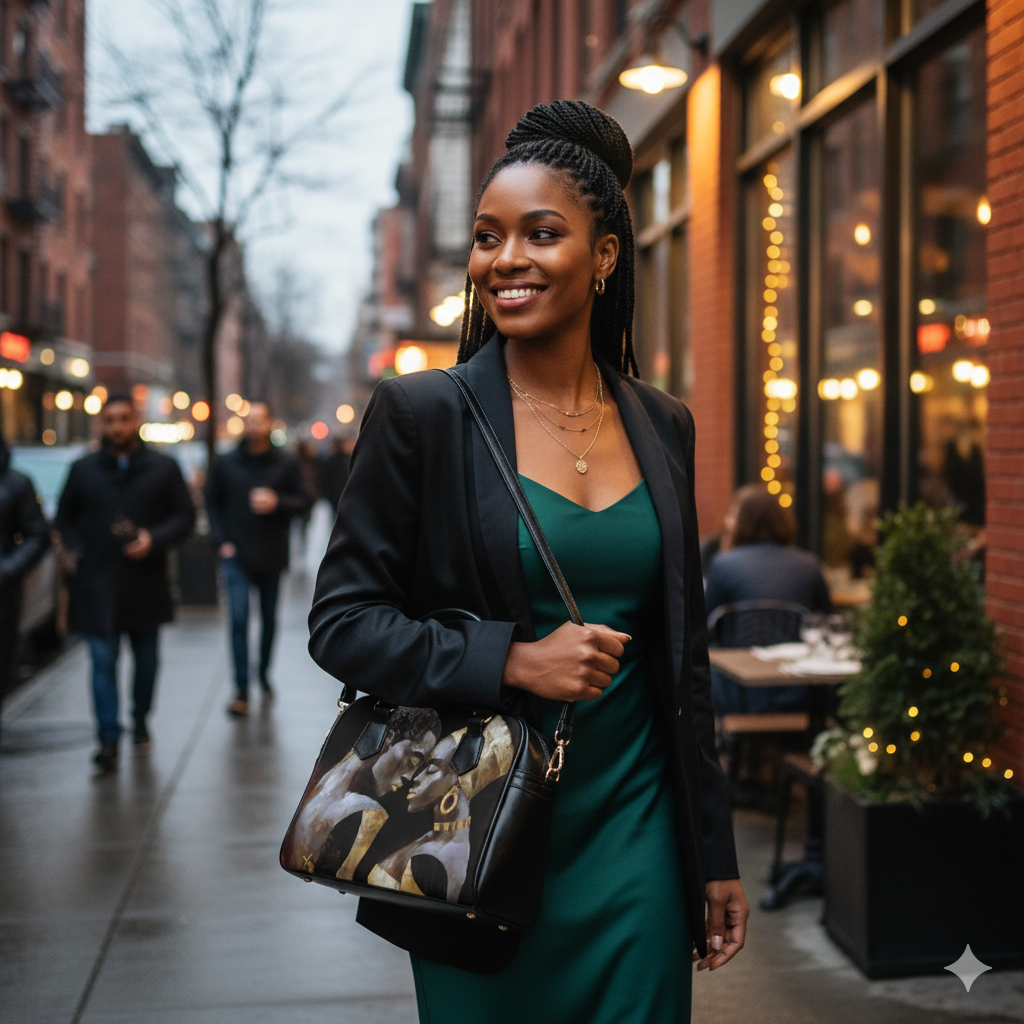 Elegant Art-Inspired Shoulder Handbag – Abstract Afrocentric Couple, Couples Embrace Design