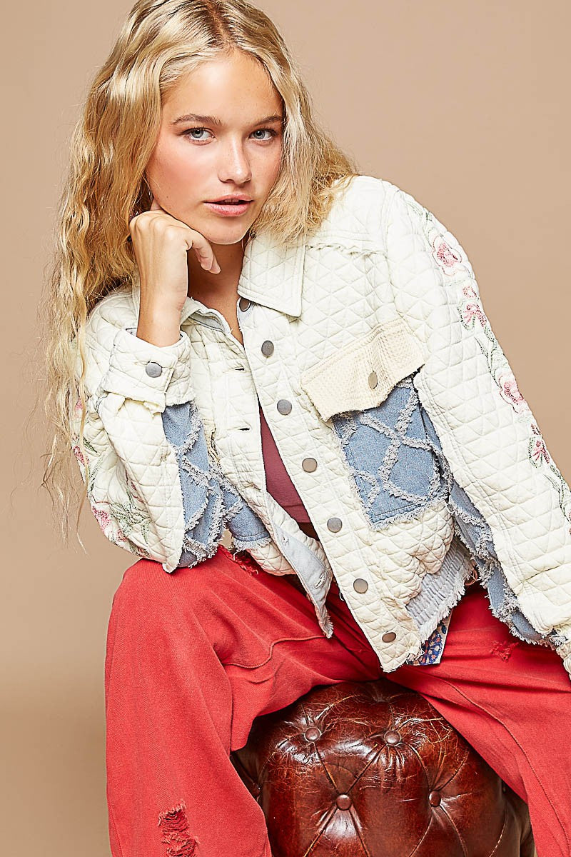 POL Embroidered Sleeve Raw Edge Quilted Jacket