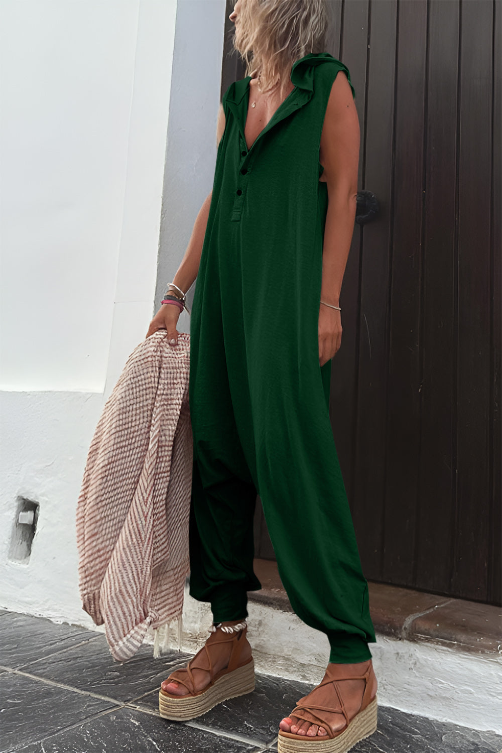 Full Size Half Button Sleeveless Jumpsuit