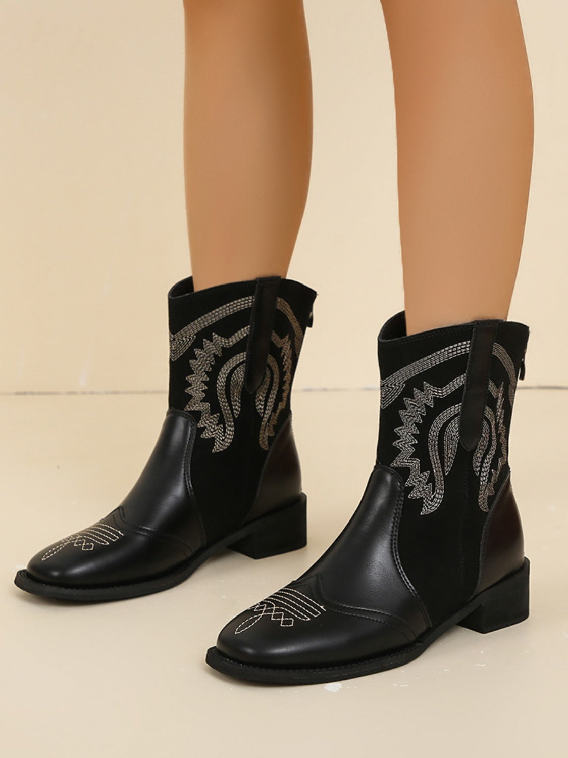 Embroidered PU Leather Block Heel Boots