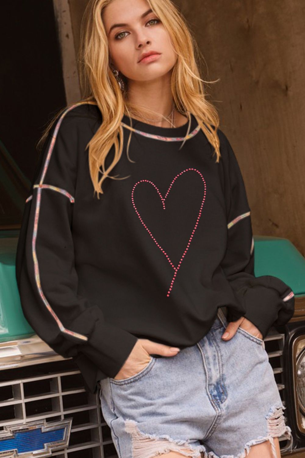 Valentine’s Day Rhinestone Heart Round Neck Long Sleeve Sweatshirt