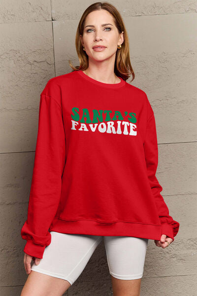 Simply Love Full Size SANTA'S FAVORITE Round Neck Sweatshirt