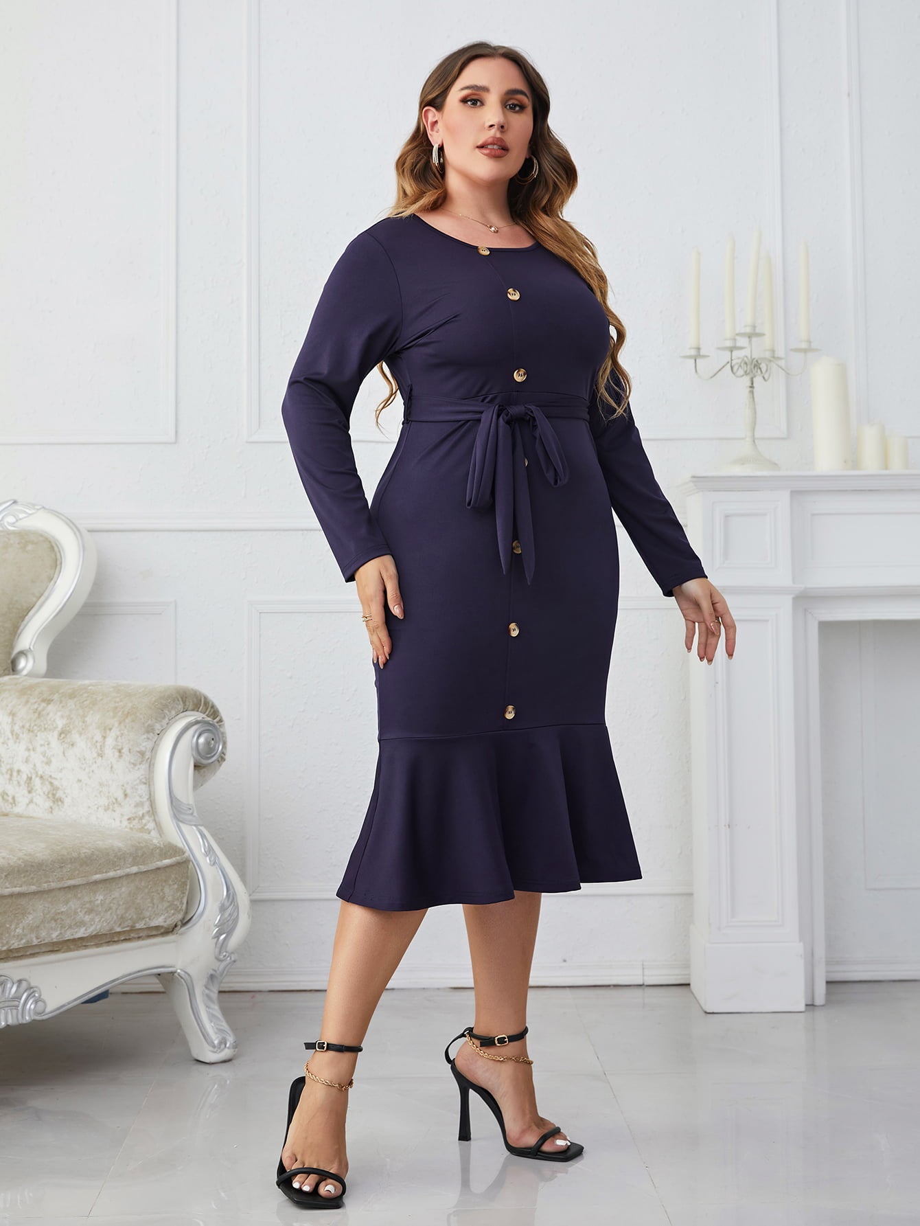 Buttoned Round Necktie Belt Midi Dress