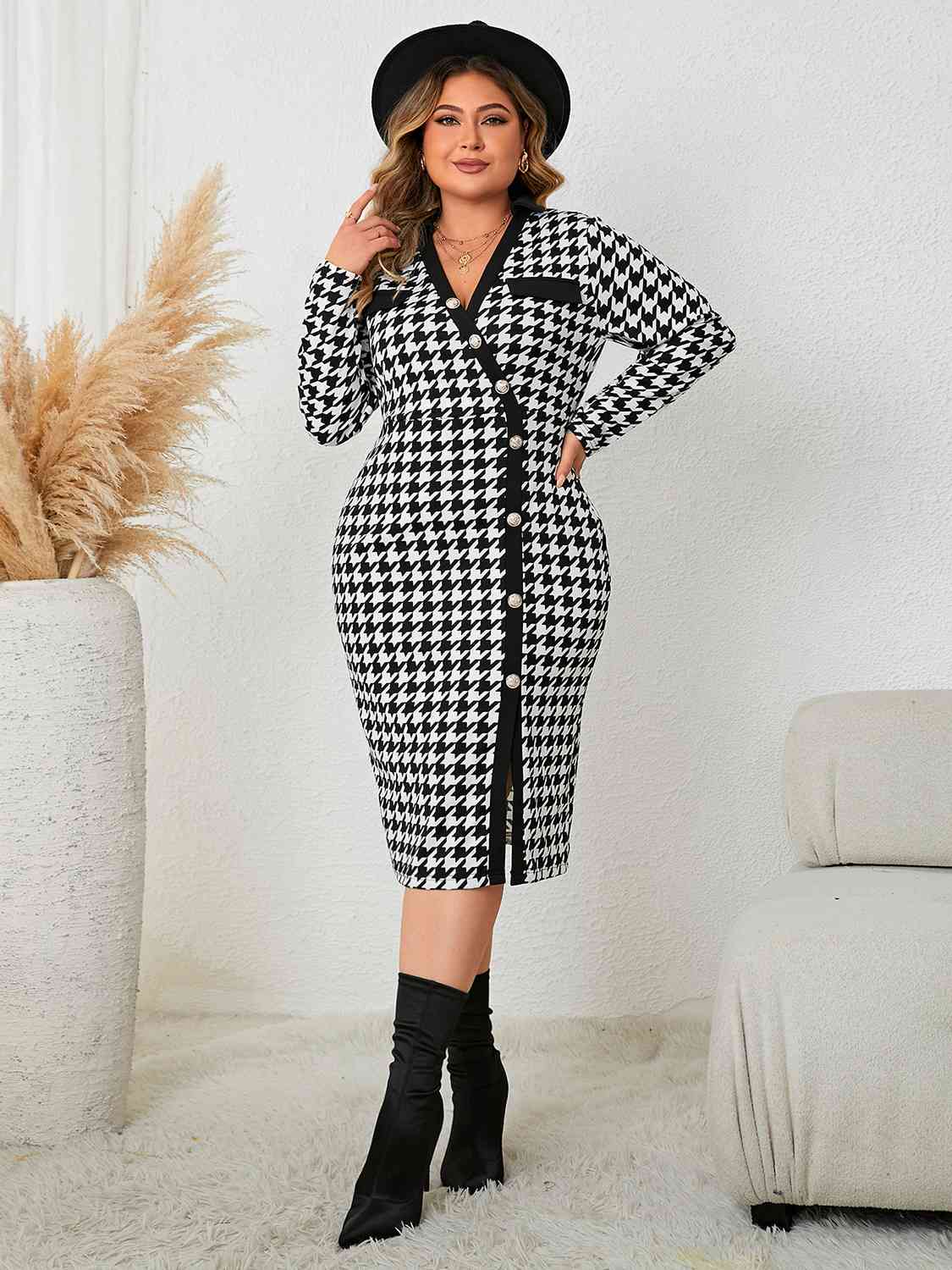 Houndstooth Long Sleeve Slit Dress