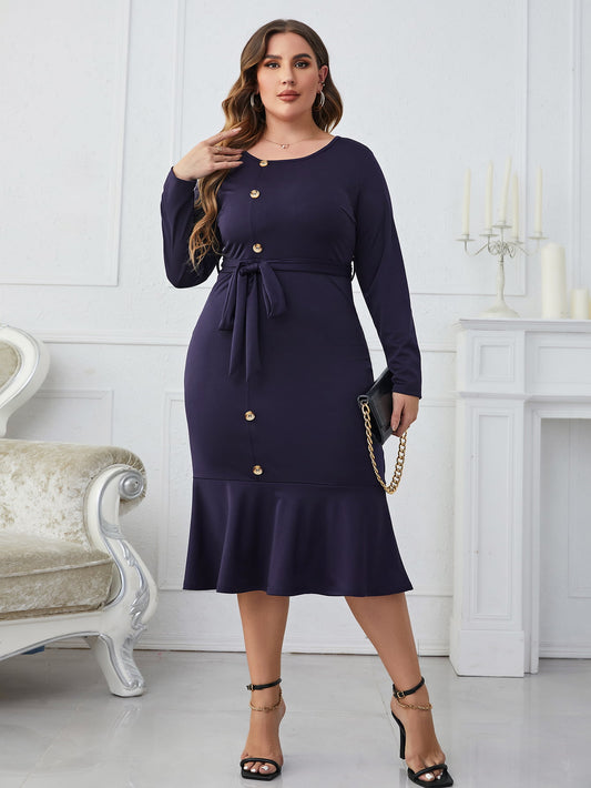 Buttoned Round Necktie Belt Midi Dress