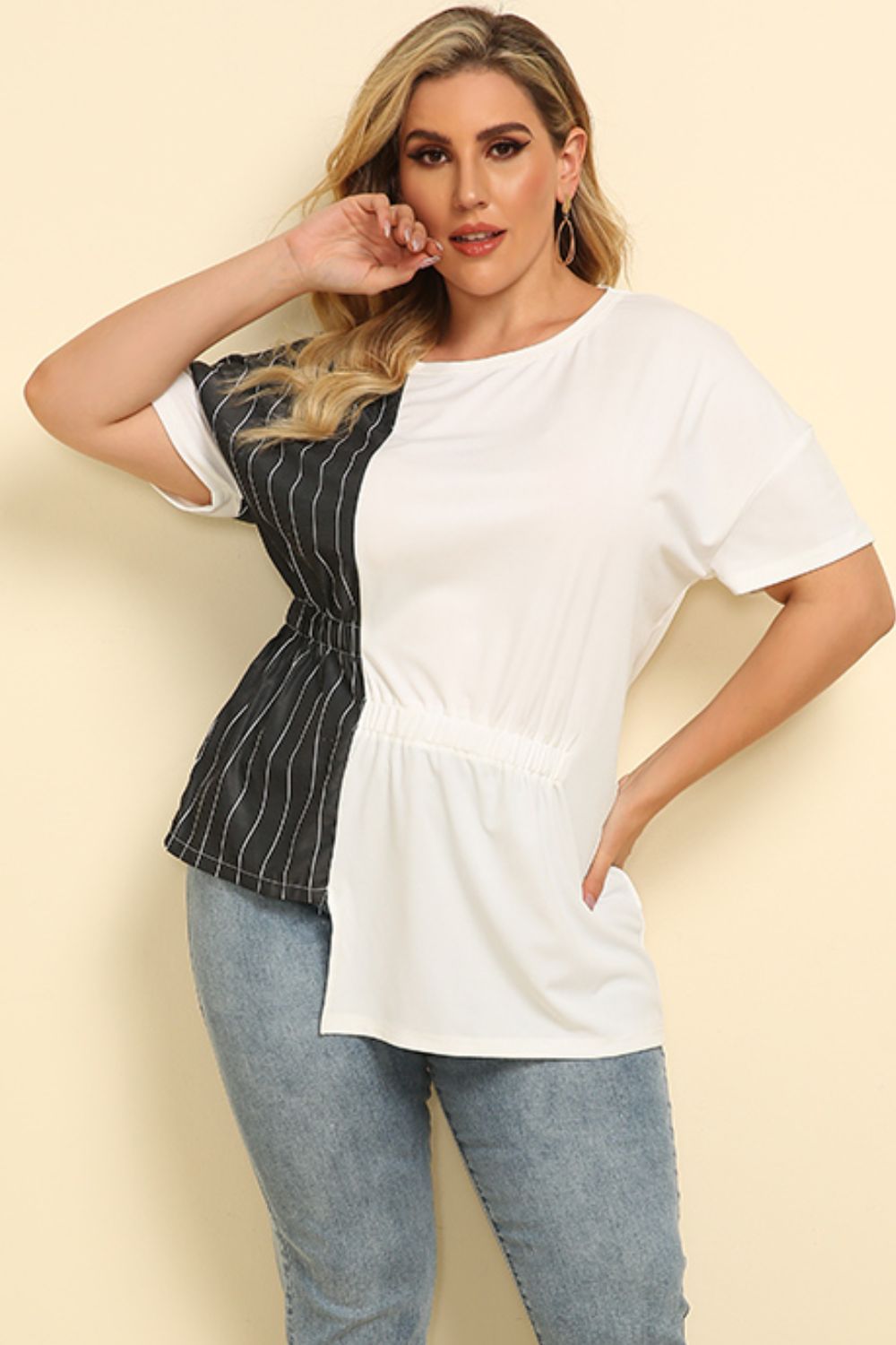 Striped Color Block Asymmetrical T-Shirt