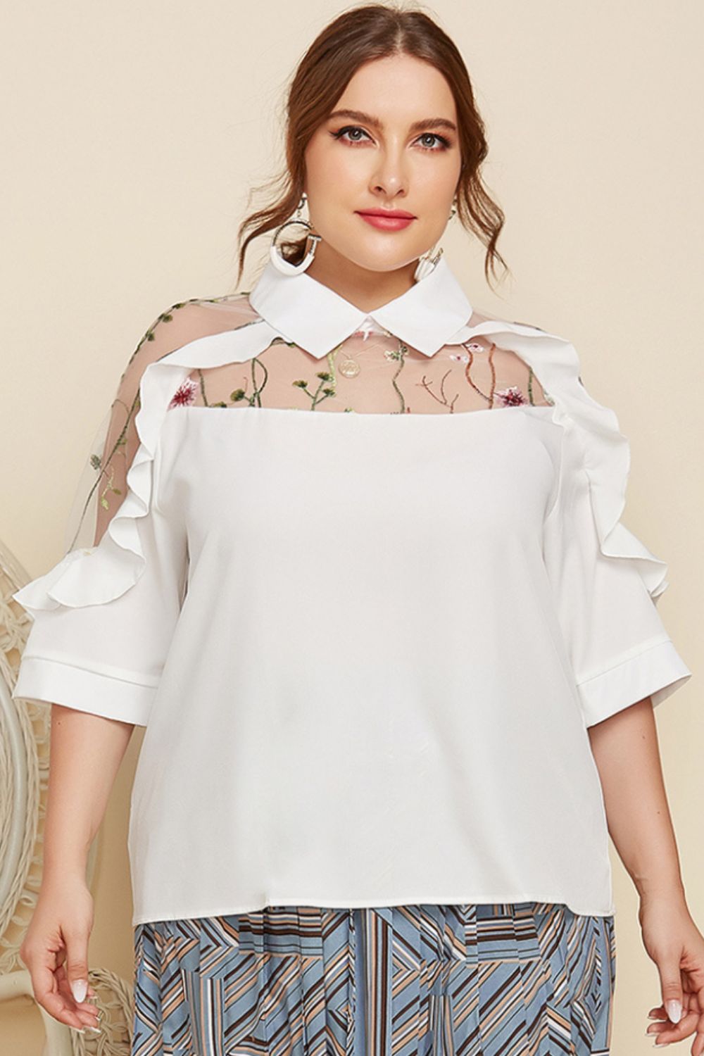 Embroidered Ruffle Trim Collared Half Sleeve Blouse