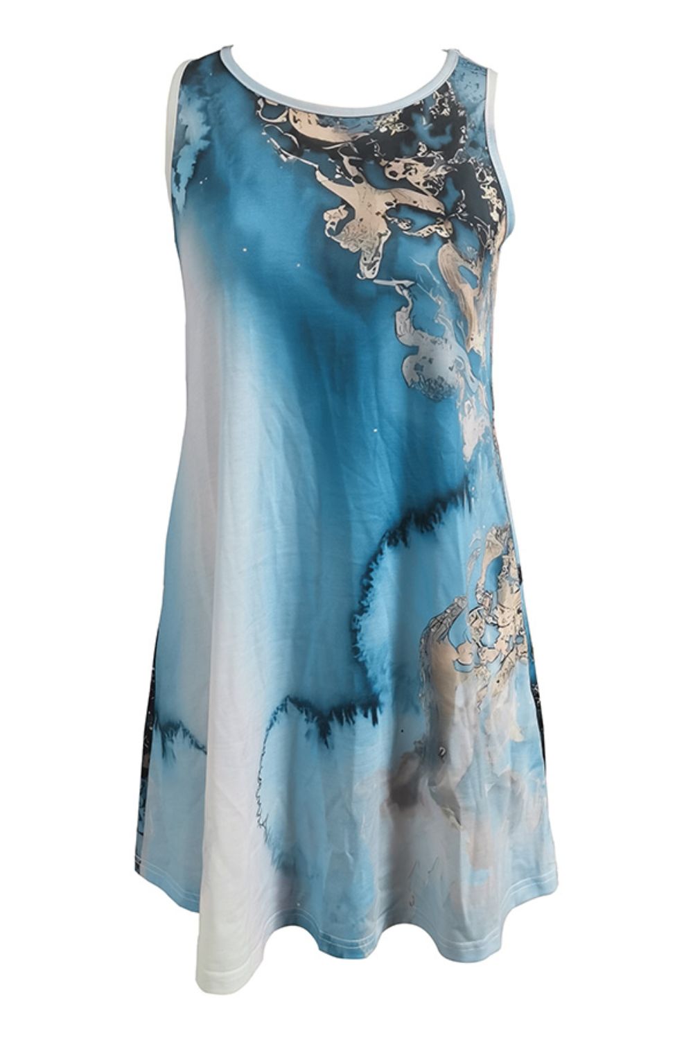 Round Neck Abstract Print Sleeveless Dress with Pockets