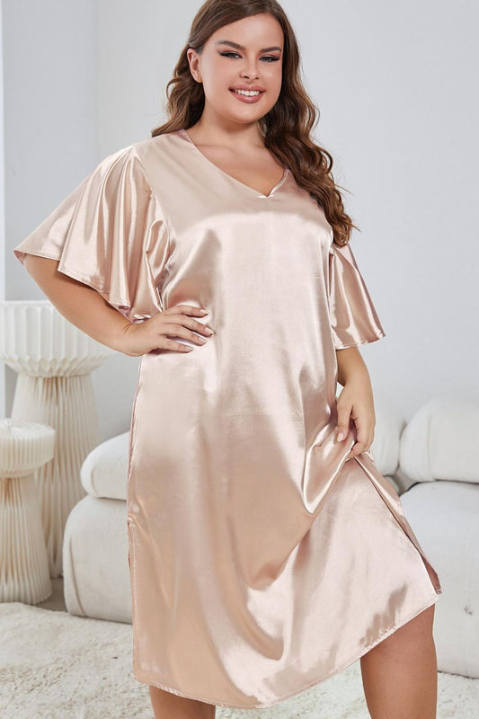 Flutter Sleeve V-Neck Side Slit Night Gown