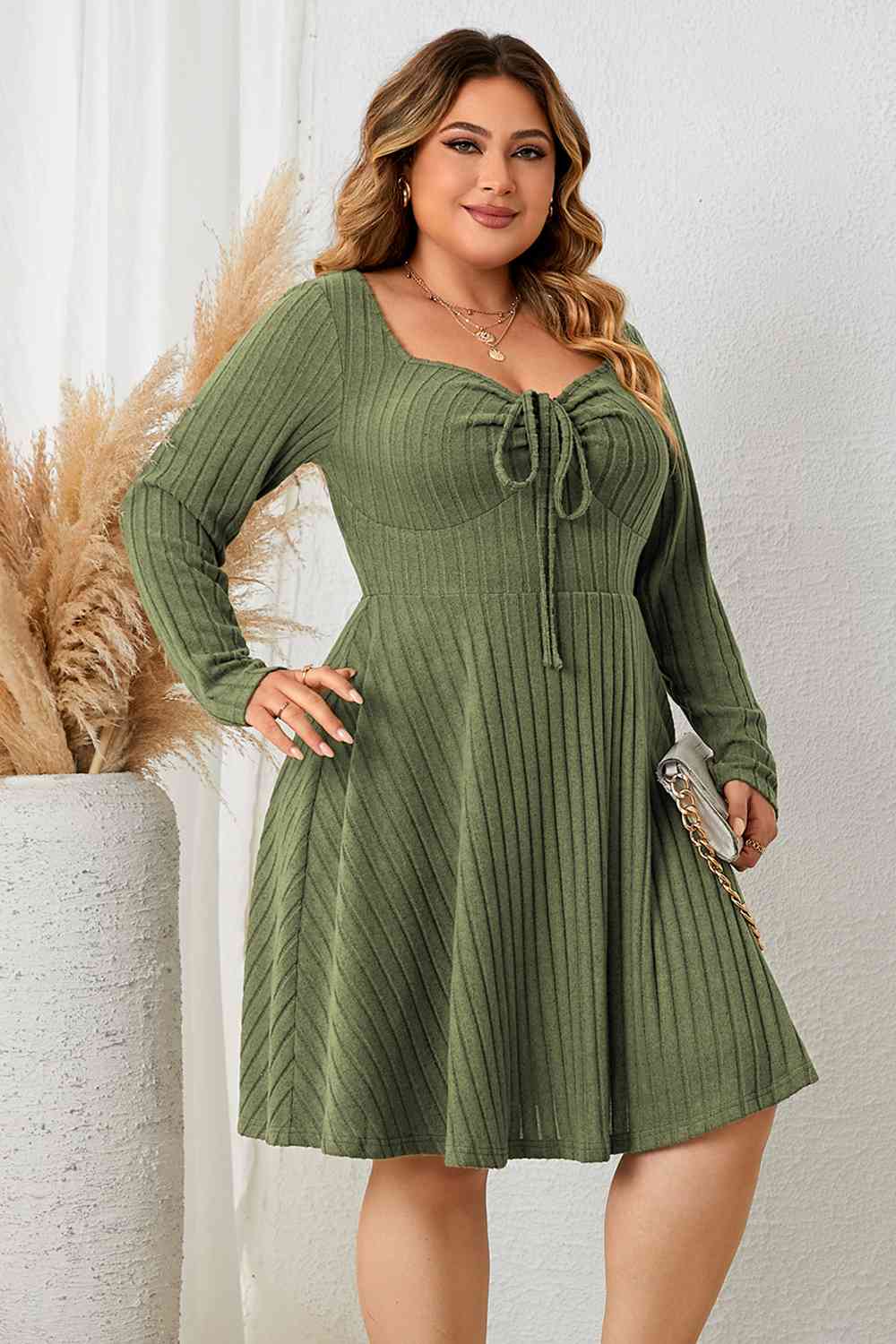 Sweetheart Neck Long Sleeve Ribbed Dress