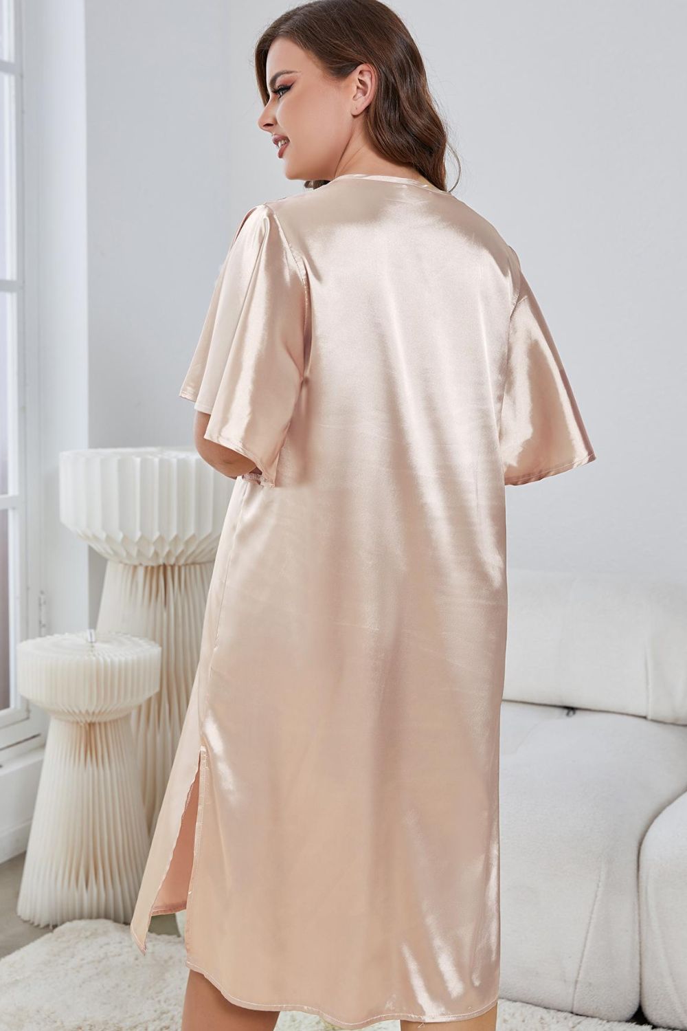 Flutter Sleeve V-Neck Side Slit Night Gown