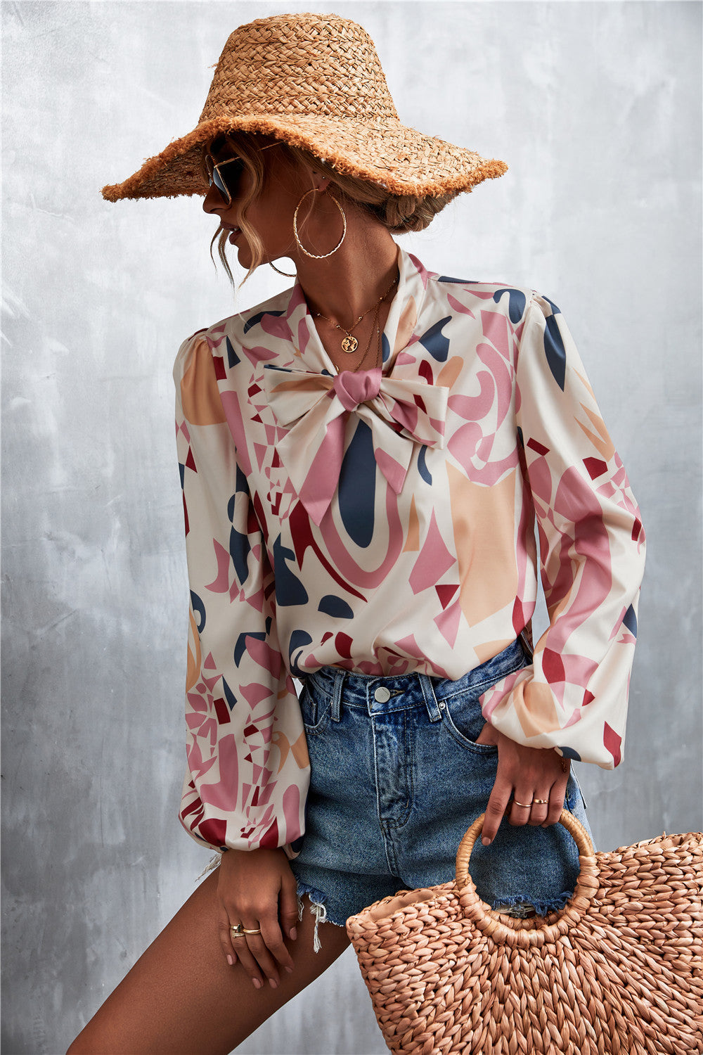 Printed Tie Neck Puff Sleeve Blouse