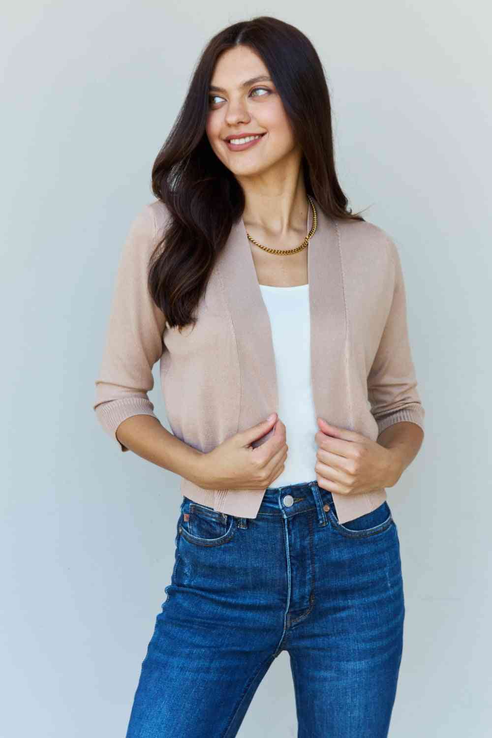 My Favorite 3/4 Sleeve Cropped Cardigan in Khaki