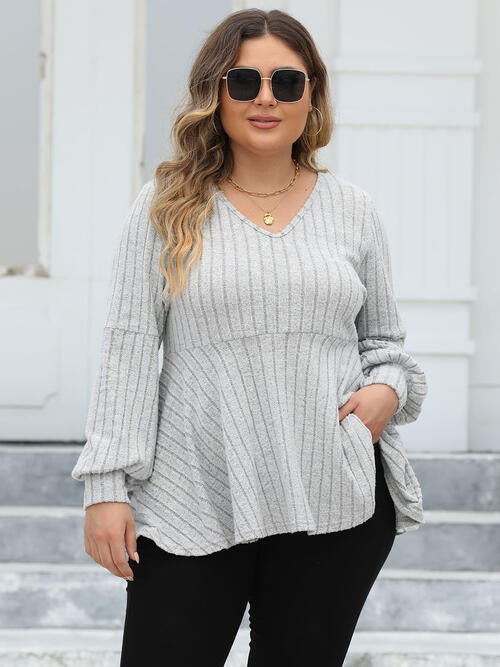 Ribbed V-Neck Long Sleeve Blouse