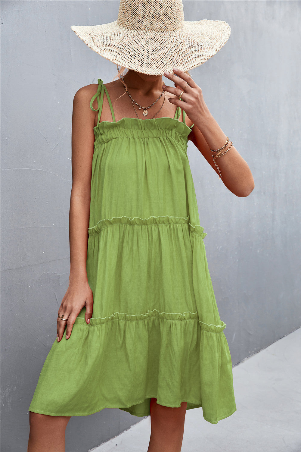 Tie-Shoulder Frill Trim Sleeveless Dress