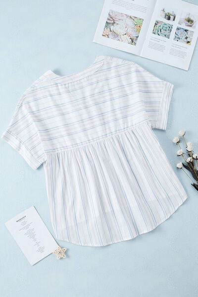 Striped Notched Short Sleeve Blouse