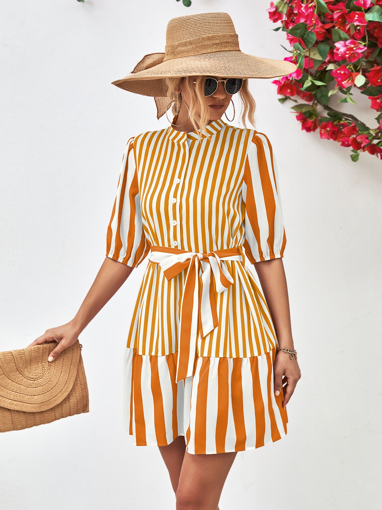 Striped Half Sleeve Tie Waist Mini Dress