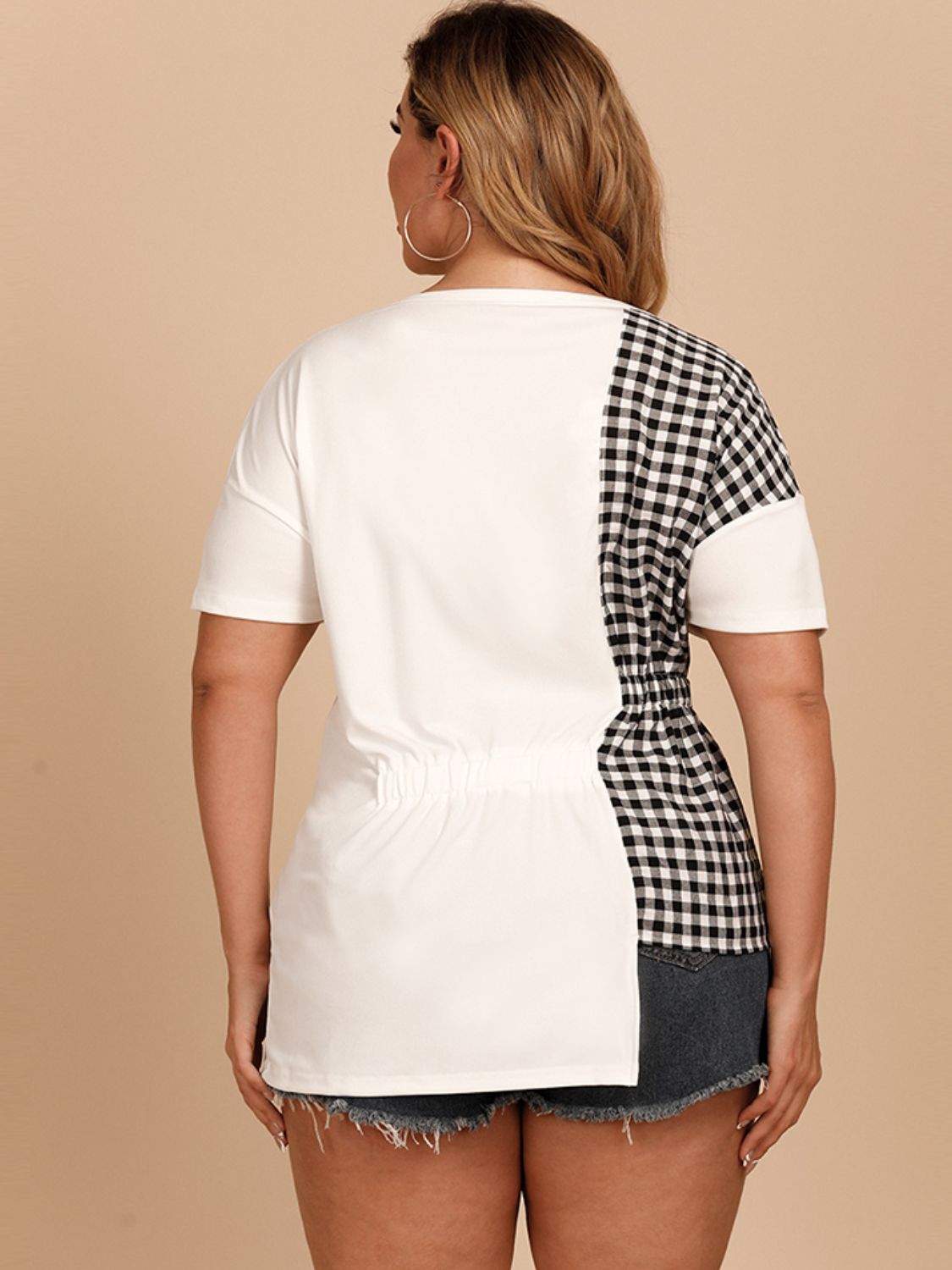 Gingham Color Block Asymmetrical T-Shirt