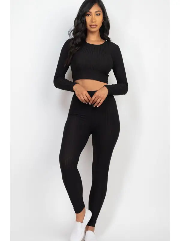 Ribbed Long Sleeve Crop Top & Legging Set