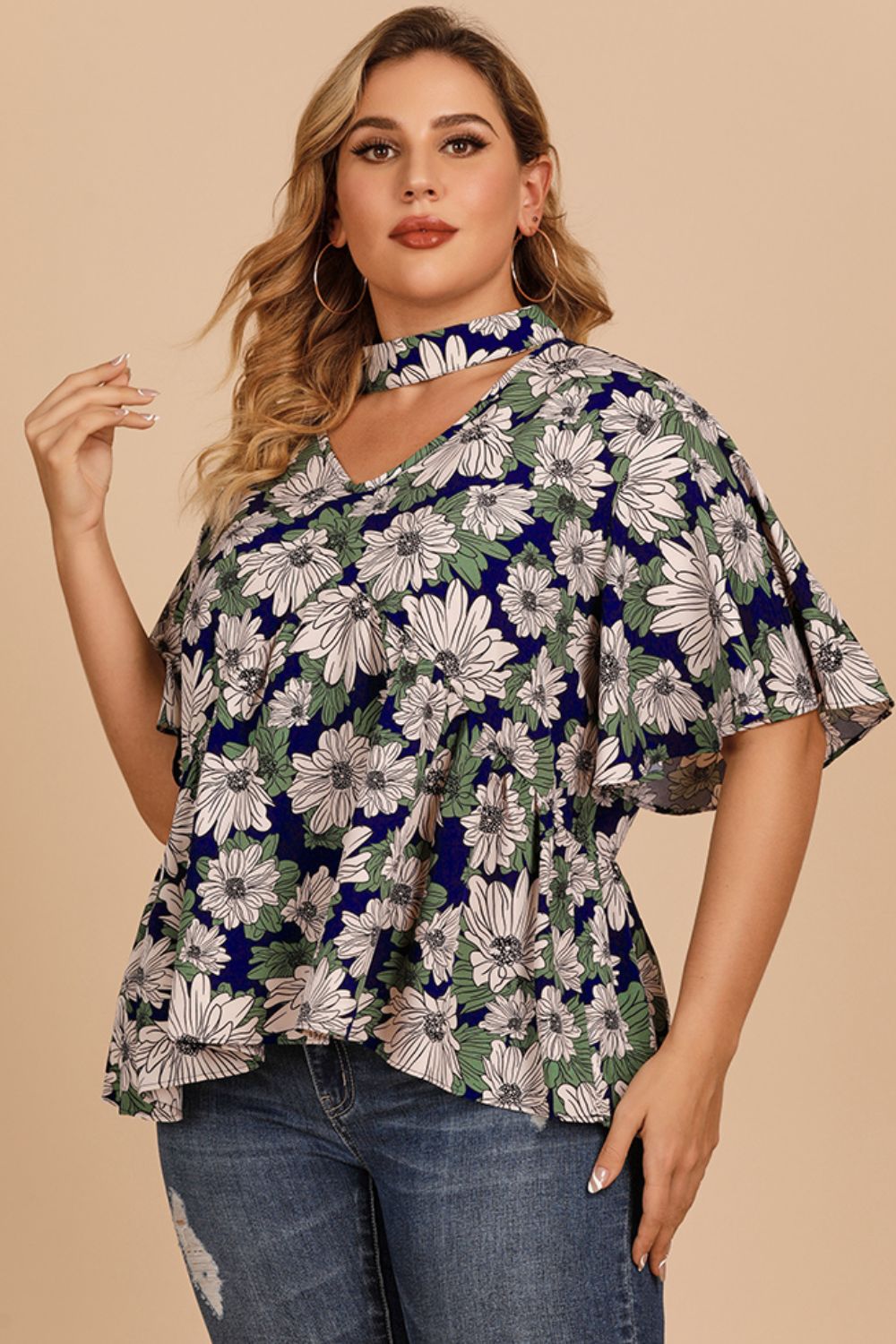 Floral Flutter Sleeve Cutout Blouse