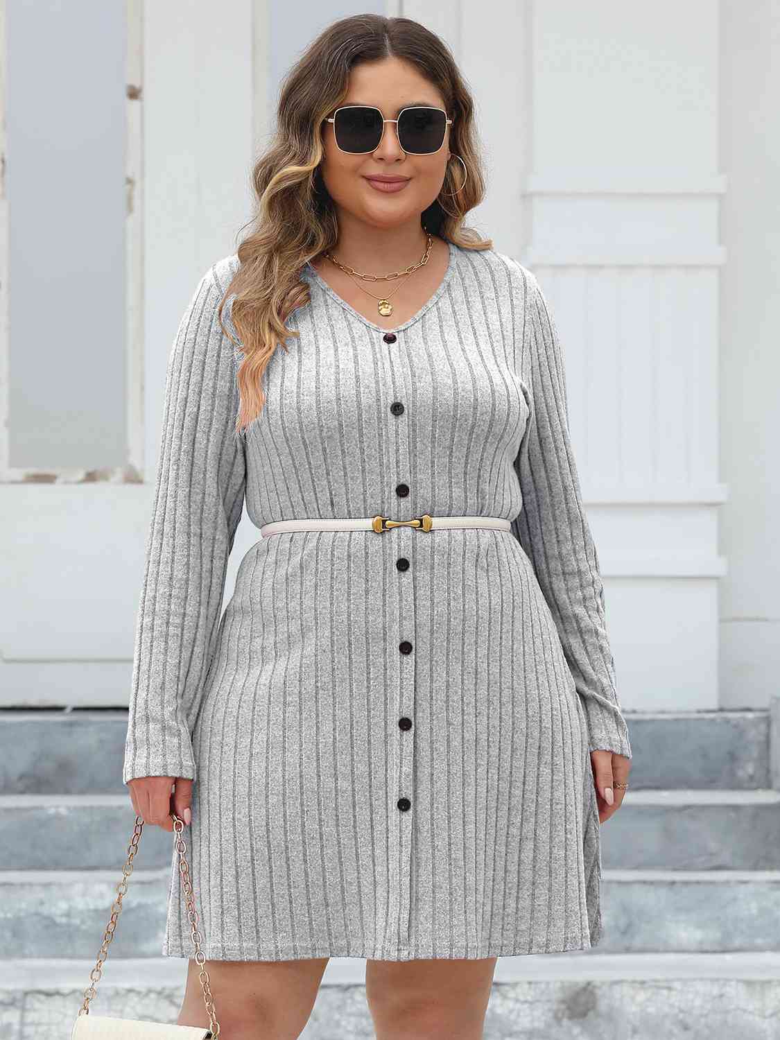 Ribbed Buttoned V-Neck Long Sleeve Dress