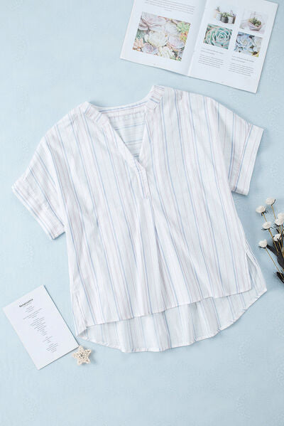 Striped Notched Short Sleeve Blouse