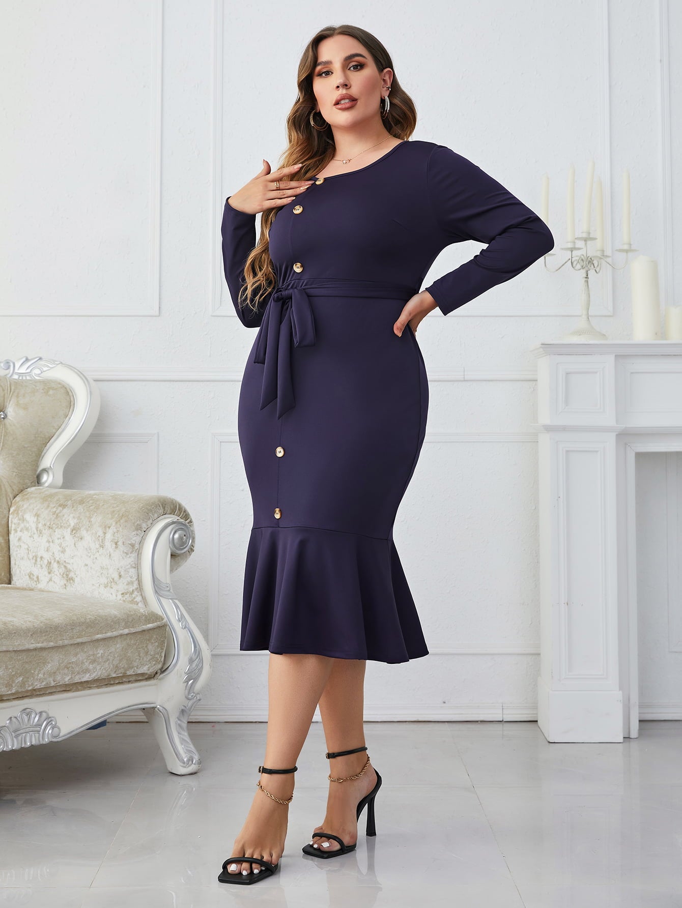 Buttoned Round Necktie Belt Midi Dress