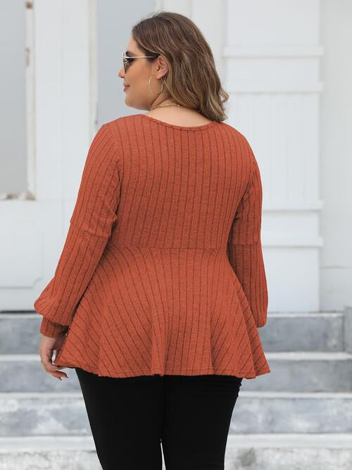 Ribbed V-Neck Long Sleeve Blouse