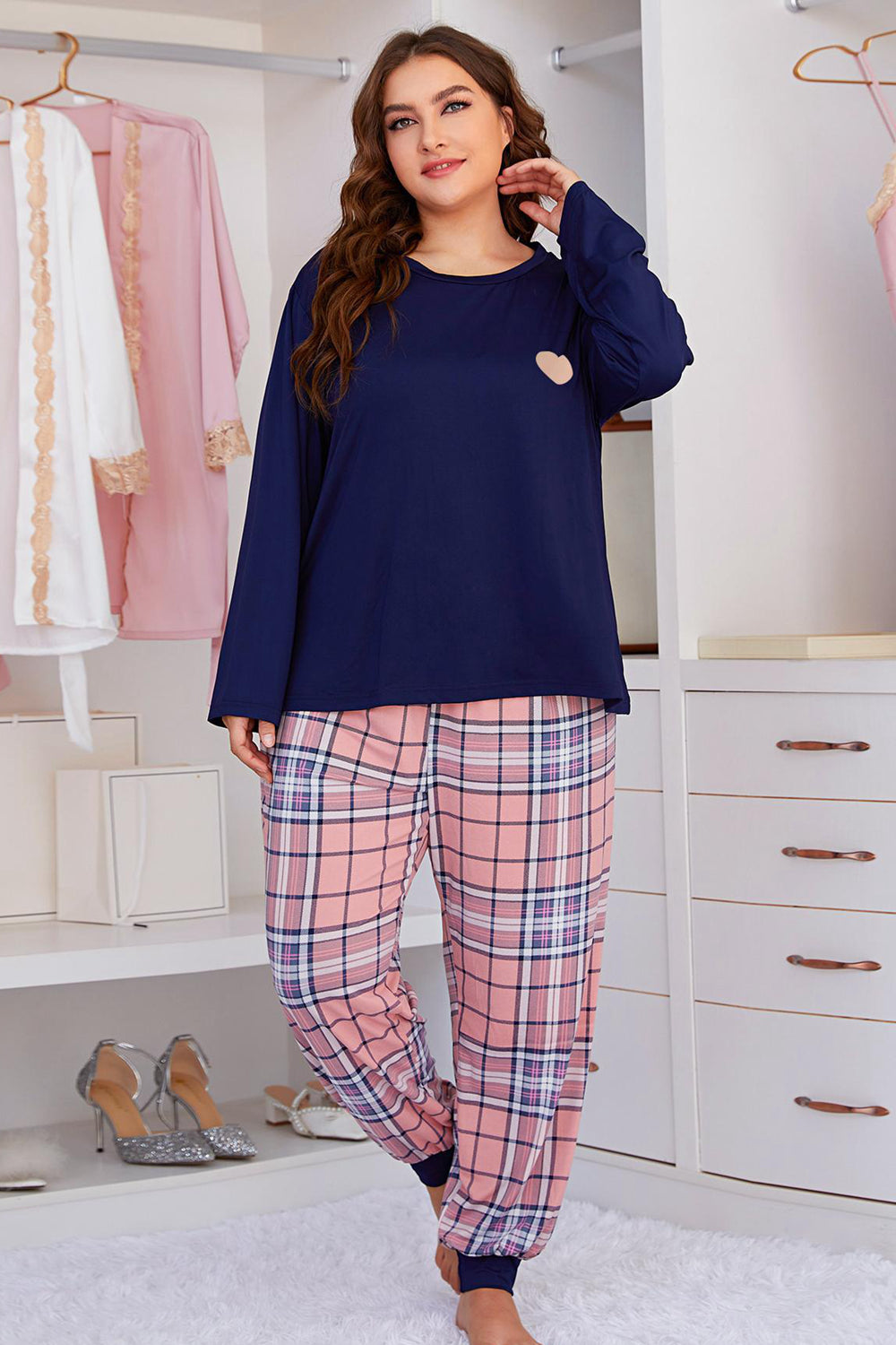 Heart Graphic Top and Plaid Joggers Lounge Set