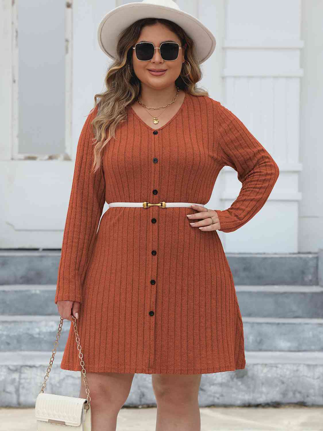 Ribbed Buttoned V-Neck Long Sleeve Dress