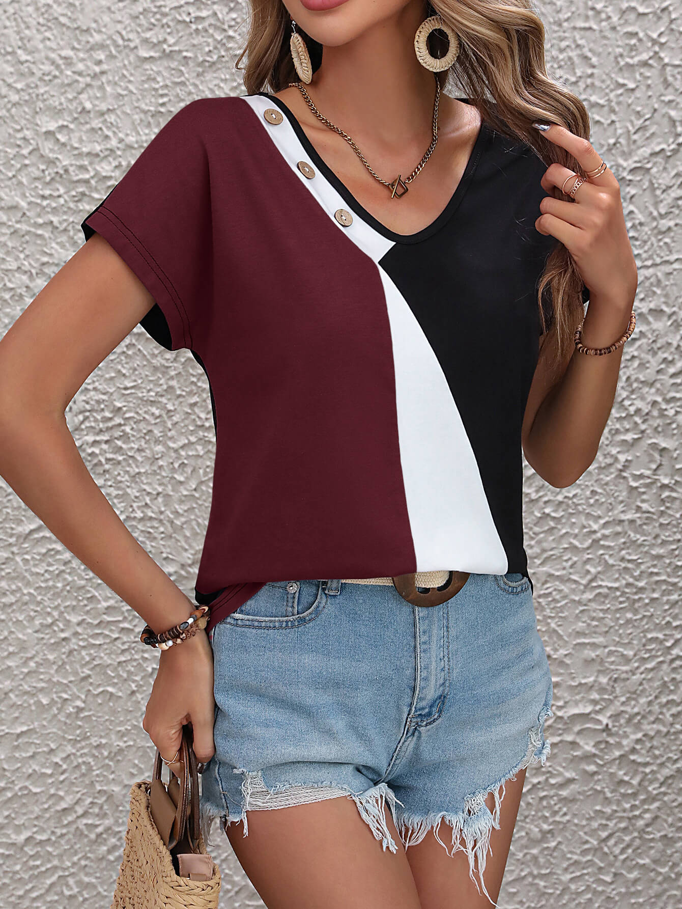 Color Block Decorative Button V-Neck Tee