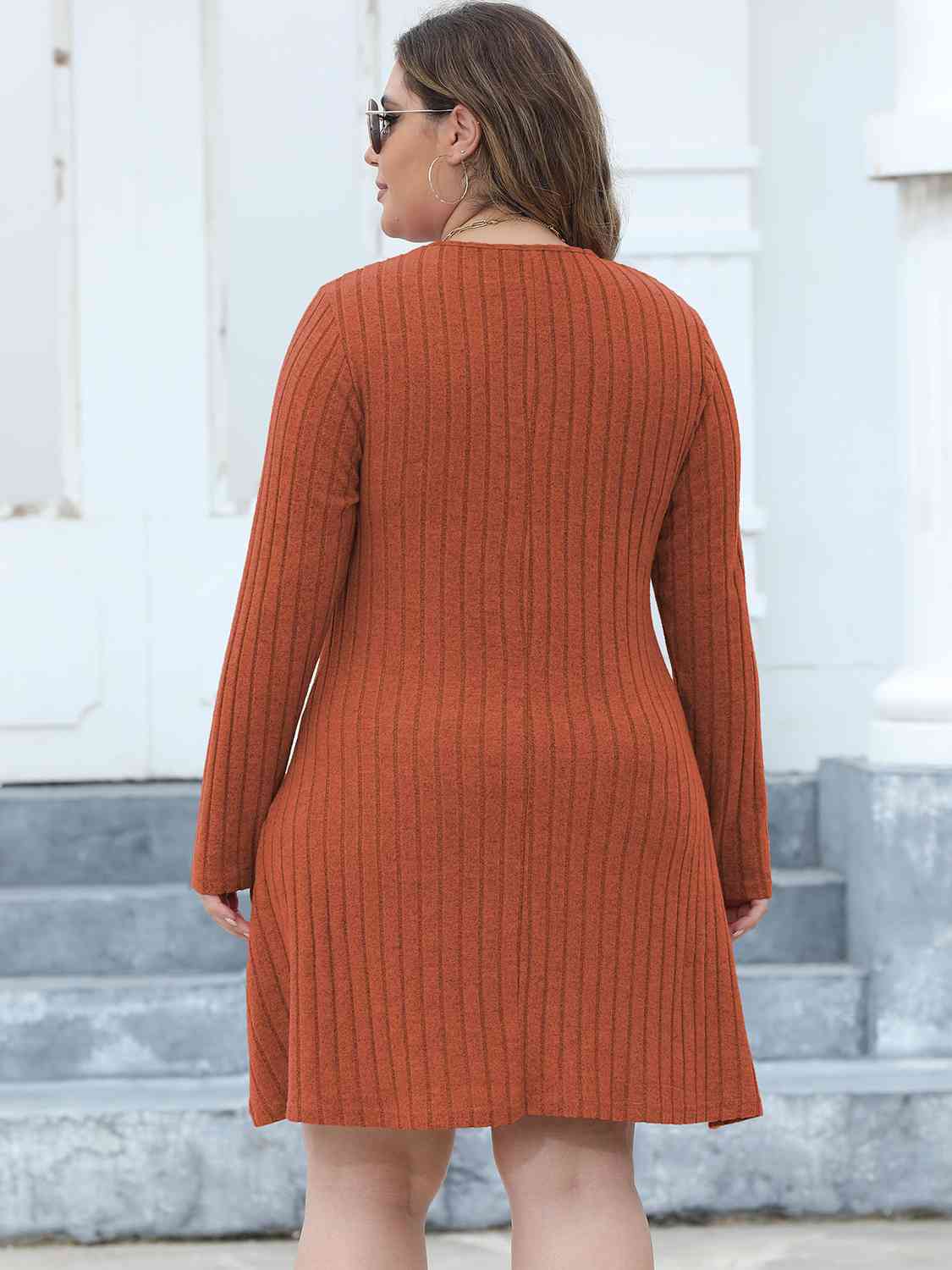 Ribbed Buttoned V-Neck Long Sleeve Dress