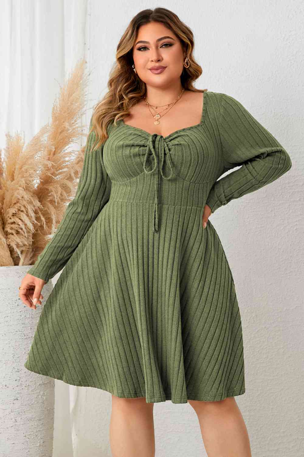 Sweetheart Neck Long Sleeve Ribbed Dress