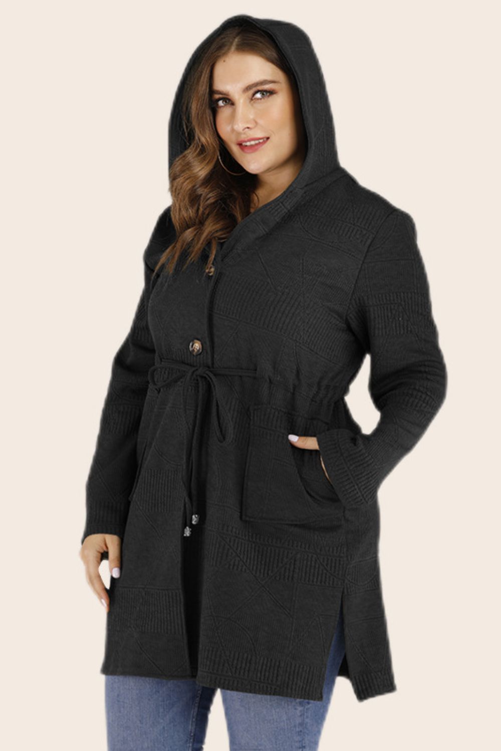 Drawstring Waist Hooded Cardigan with Pockets